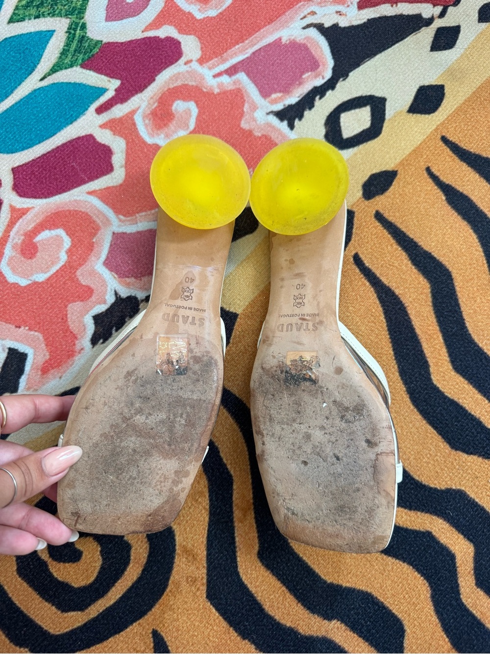STAUD Clear Strap White Mule Sandals with yellow Heel - Picture 3 of 3
